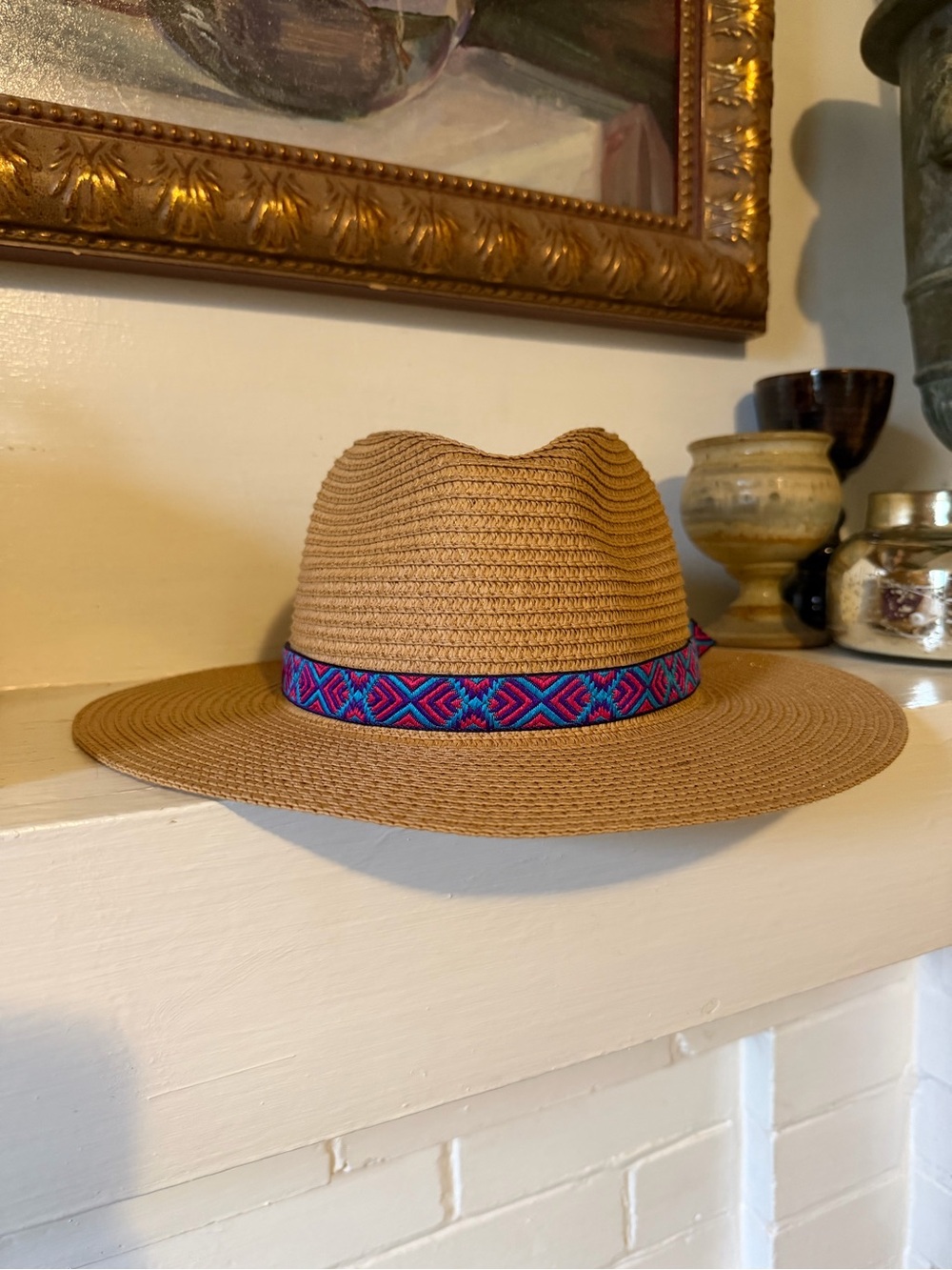 Tan Straw Hat with Blue, Purple, and Pink Hand Sewn Band